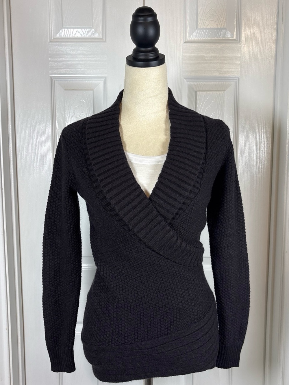 bebe Black V-Neck Shawl-Collar Wrap Sweater
